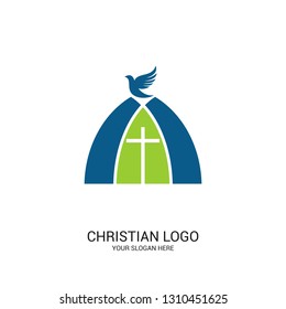 Christian church logo. Bible symbols. The Church of the Lord and Savior Jesus Christ and the symbol of the Holy Spirit is the dove.