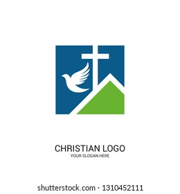 Christian church logo. Bible symbols. The Church of the Lord and Savior Jesus Christ and the symbol of the Holy Spirit is the dove.