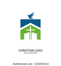 Christian church logo. Bible symbols. The Church of the Lord and Savior Jesus Christ and the symbol of the Holy Spirit is the dove.