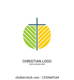 Christian church logo. Bible symbols. Cross of Jesus Christ and plant elements.