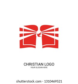 Christian church logo. Bible symbols. The open Bible, God's lighthouse and dove.