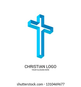 Christian church logo. Bible symbols. Cross of Jesus Christ, volumetric and turned in space