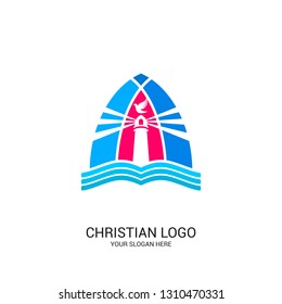 Christian church logo. Bible symbols. The open Bible, God's lighthouse and dove.