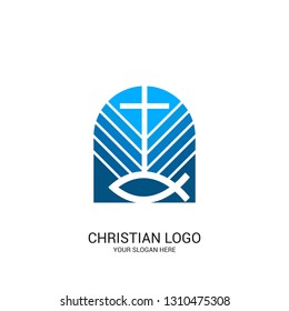 Christian church logo. Bible symbols. The sign of the fish and the cross of Jesus Christ.