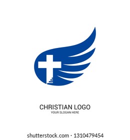 Christian church logo. Bible symbols. The wing of the Spirit, the cross and the steps leading to God.