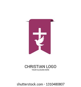 Christian church logo. Bible symbols. The cross of Jesus Christ and the dove on the background of the biblical bookmark.