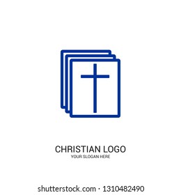 Christian church logo. Bible symbols. Cross of Jesus Christ and the page.