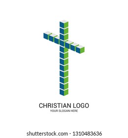 Christian church logo. Bible symbols. Cross of Jesus Christ made up of cubes.
