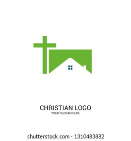 Christian church logo. Bible symbols. Cross of Jesus Christ on the background of the house.