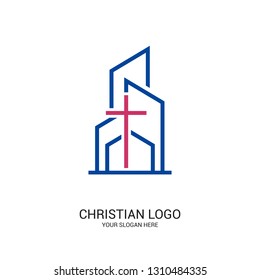 Christian church logo. Bible symbols. Cross of Jesus Christ on the background of buildings.