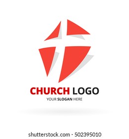 Christian church logo design with with red cross icon design isolated on white background. Vector illustration.