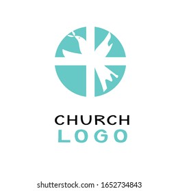 Christian church logo with dove and cross . Ministry . Biblical background.  Sunday school. Scripture print Symbol