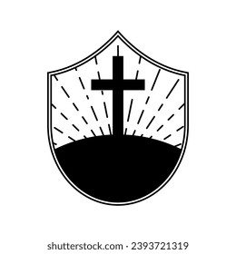 Symbol der christlichen Kirche einzeln. Sonnenaufgang, Morgengrauen, christliches Kreuz und Schild. Schwarzes lineares religiöses Zeichen. Vektorgrafik