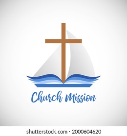 Christian church mission concept. Religious cross, open blue book with blue pages as a sailboat sign. Creative logo idea. Brand icon. Isolated abstract graphic design template. The word of God symbol.