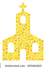 Christian Church mosaic of circle dots in variable sizes and color tinges. Filled circles are united into christian church vector mosaic. Vector illustration.