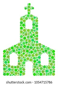 Christian Church mosaic of circle elements in various sizes and ecological green color tinges. Vector round dots are organized into christian church mosaic. Freshness design concept.