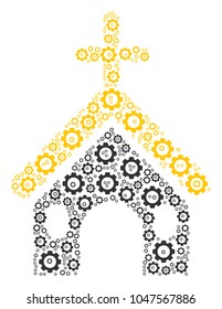 Christian Church mosaic of gear components. Vector mechanical wheel parts are organized into christian church composition.