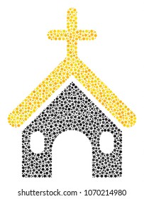 Christian Church mosaic of round dots in different sizes and color tinges. Round dots are united into christian church vector composition. Dotted vector illustration.