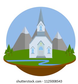 Christian Church on a natural landscape with mountains and river. religious building with a cross and a spire. city element. place to pray. blue walls and stained glass Windows

