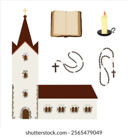 Christian church, opened old Holy Bible, rosary beads and candle with black holder.  Religion vector icon set isolated on white background. 