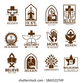 Christian church parish or community icons set. Religion school and bible learning lectures, religious commune symbol or emblem with white dove, crown of thorns and crucifixion, monks outline vectors