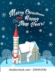 Christian Church With Text Merry Christmas And Happy New Year. Winter Landscape. Vector Illustration Card. Christian Church Near Me. Christian Church Architecture.  Christian Church Organization.