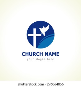 Christian church vector logo. Blue colored circle, crucifix, white flying dove, wave. Religious educational symbol. Abstract isolated graphic design template. Creative logotype concept.