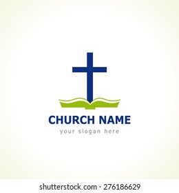 Christian church vector logo. Blue colored crucifixion, open green book with cover and pages. Religious educational symbol. Bible learning and teaching class.