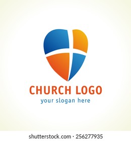 Christian church vector logo. Cross, heart and shield colorful icon. Religious symbol of gods protection. Window heart branding idea. Charity service or medical clinic template sign.