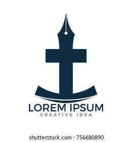 Christian church vector logo design. Crucifixion and pen nib icon. Religious educational symbol. Bible learning and teaching class.