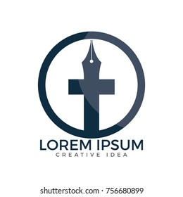 Christian church vector logo design. Crucifixion and pen nib icon. Religious educational symbol. Bible learning and teaching class.
