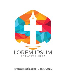 Christian church vector logo design. Crucifixion and pen nib icon. Religious educational symbol. Bible learning and teaching class.