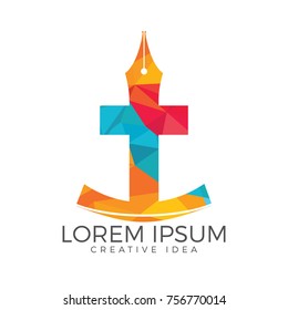 Christian church vector logo design. Crucifixion and pen nib icon. Religious educational symbol. Bible learning and teaching class.