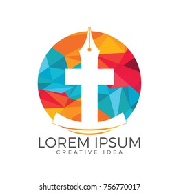 Christian church vector logo design. Crucifixion and pen nib icon. Religious educational symbol. Bible learning and teaching class.