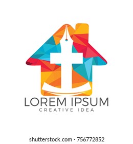 Christian church vector logo design. Crucifixion with home and pen nib icon. Religious educational symbol. Bible learning and teaching class.