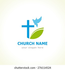 Christian church vector logo. White colored circle, crucifix, blue flying dove and green leaf. Religious educational symbol. Abstract isolated graphic design template. Creative logotype concept.