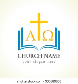 Christian church vector logotype. Gold crucifixion, open blue book, cover, pages, "I am Alpha and Omega" greek letters. Religious educational symbol template. Bible studying, learning, teaching class.