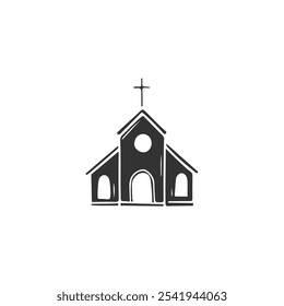 Christian church with windows and door silhouette icon.