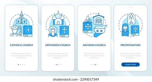 Christian churches blue onboarding mobile app screen. Confessions walkthrough 4 steps editable graphic instructions with linear concepts. UI, UX, GUI template. Myriad Pro-Bold, Regular fonts used