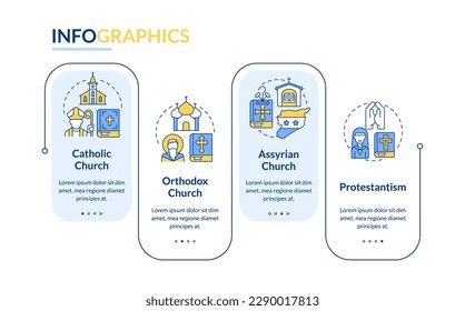 Christian churches rectangle infographic template. Confessions. Data visualization with 4 steps. Editable timeline info chart. Workflow layout with line icons. Lato-Bold, Regular fonts used