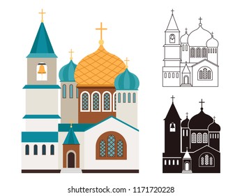 Christian churches vector set. Line, silhouette and flat style church isolated on white