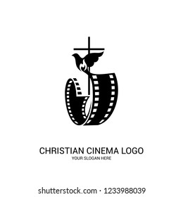 Christian cinema logo. Symbols of movies and videos for the ministry, conference, camp, festival, event.