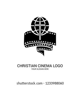 Christian cinema logo. Symbols of movies and videos for the ministry, conference, camp, festival, event.