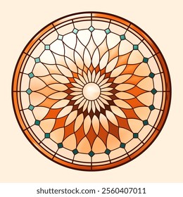 Christian circle frame. Warm colors. Church glass window. 