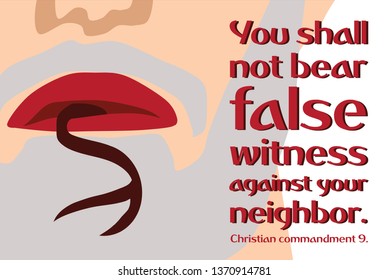 Christian commandment №9 "You shall not bear false witness against your neighbor." Visual part: snake tongue in mans mouth.
