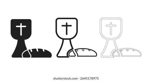 Christian communion symbols chalice and bread in solid outline and line art styles