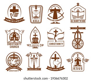 Christian community, church or mission icons set. Christianity religion emblems and sings with bible, white dove and cross, Jesus Christ silhouette, crucifix and globe, monks and ichthys symbol vector