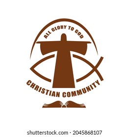 Christian community icon of Jesus Christ and fish ichthys religious vector symbol. Christianity religion and church sign of orthodox baptism and evangelism, holy bible, god and or ichthus fish