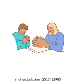 Christian couple. They clasped hands and prayed for blessings from God. Believers with prayer hands show faith and religion. Superstition and high power.