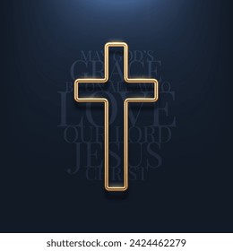 Christian Cross. 3d Gold metal christian cross on dark background with christian quote. Golden religion cross.  Vector illustration.